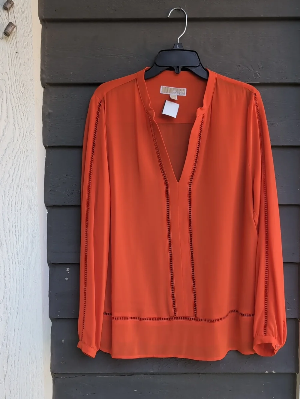 Michael Kors Classic Orange V-Neck Long Sleeve Blouse Size Large